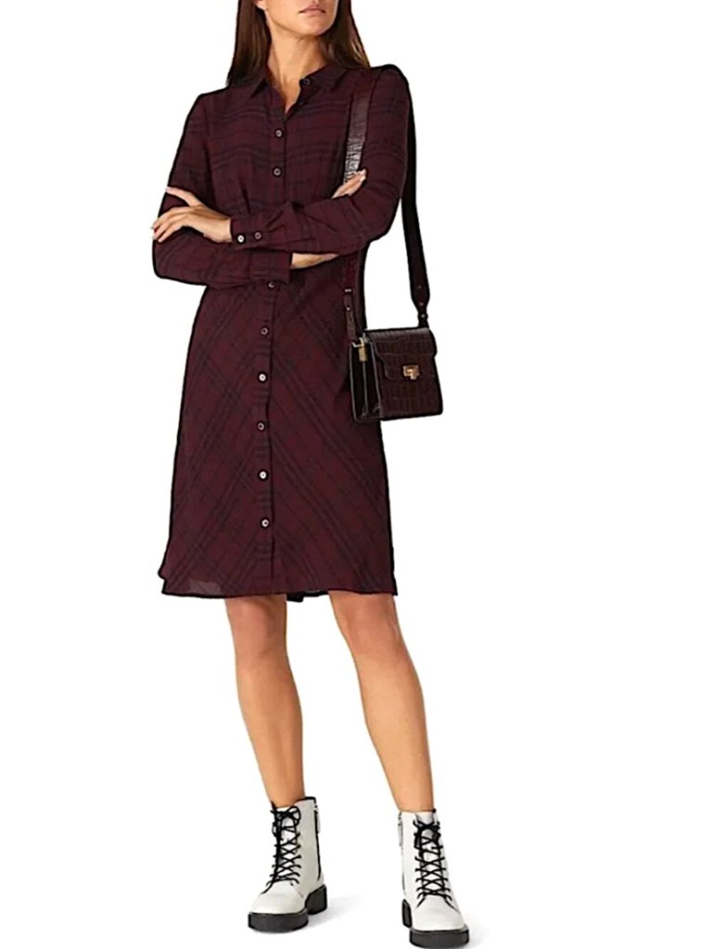 THAKOON COLLECTIVE Crinkle Crepe Plaid Dark Academia ShirtDress Maroon Designer
